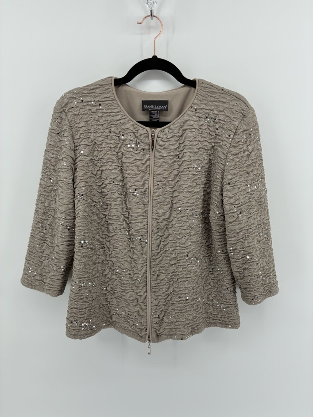 Frank Lyman Design Taupe Textured Sequin Zip-Front Jacket